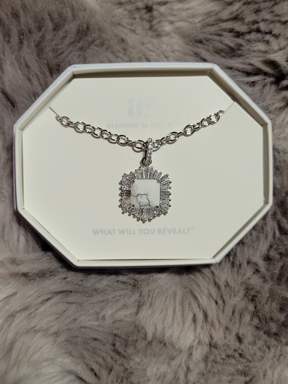 Howlite Square Pendant Necklace in Silver - Women's Jewelry
